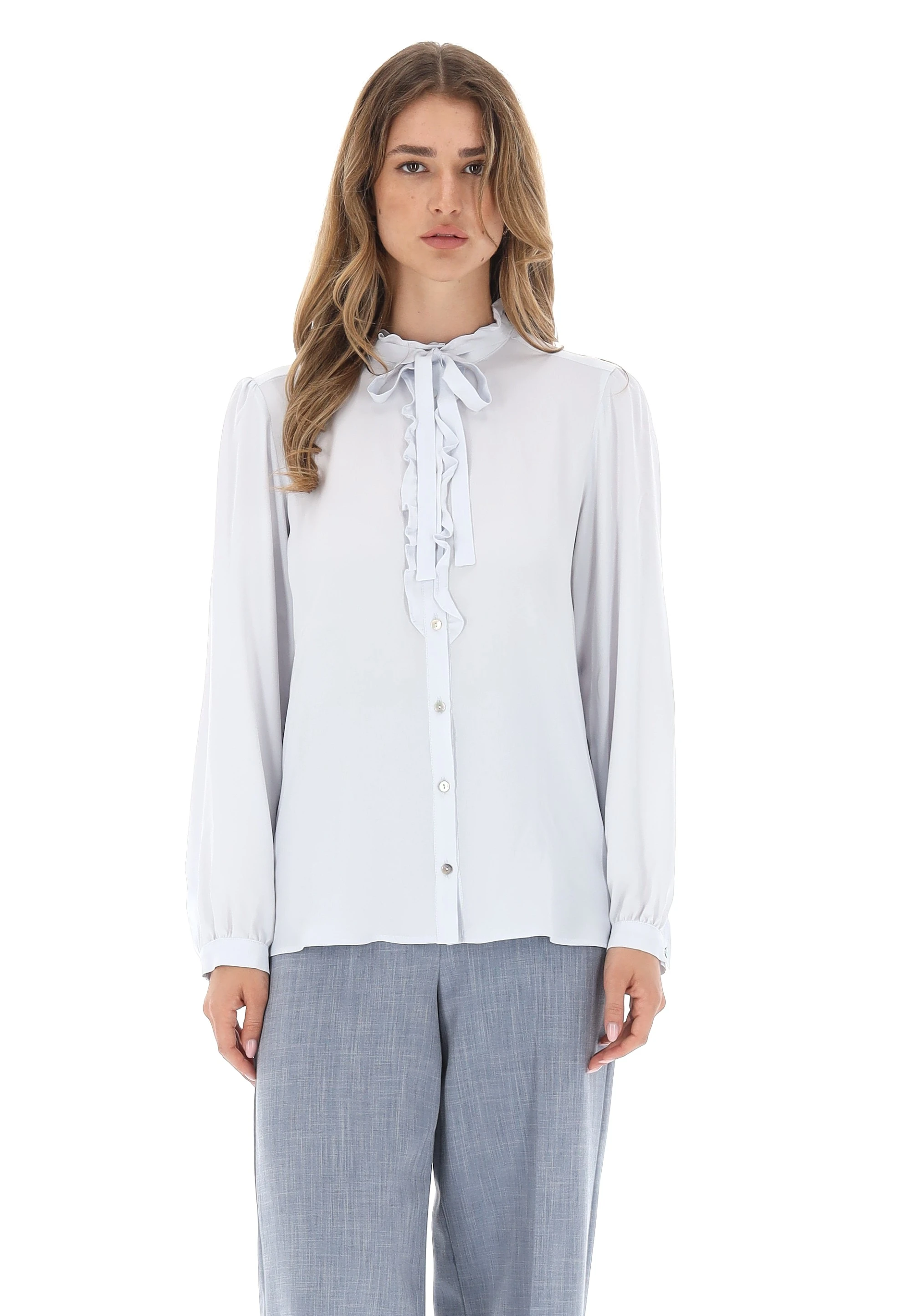 Camicia in georgette con rouches i Blues mod. Uragano